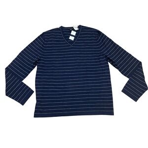 Banana Republic Men's Large Silk Cotton Striped V-Neck Sweater Navy Blue NWT
